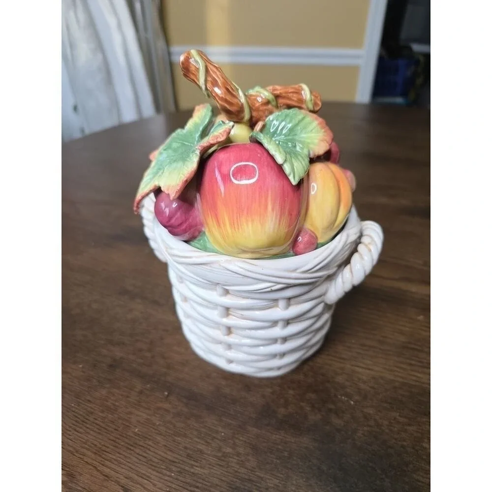 Fitz & Floyd‎ Basket Weave Cookie Jar / Canister - Apple Plums Pear Grape 9 X 7